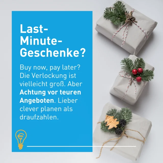 🎁 Last-Minute-Geschenke? Lieber clever planen!
Die Verlockung ist groß: Noch schnell ein Geschenk besorgen – vielleicht auf Raten oder mit "Buy now, Pay later"? Aber Vorsicht: Diese Angebot sind oder können teuer werden!

Unsere Tipps:
✔️ Bleib bei Geschenken im Rahmen deines Budgets.
✔️ Vermeide Ratenzahlungen und verschiebe keine Kosten auf später.
✔️ Persönliche, selbstgemachte Geschenke können genauso Freude bereiten und vergleichsweise kostengünstig sein.

Mach dir deine Weihnachtszeit stressfrei – auch finanziell! 🎄

📷: Canva; @anna_._egger 
#buynowpaylater #geschenke #budget #weihnachten #ratenzahlung #diy 
#asb #finanzen #finanziellefreiheit #finanzbildung #finanzwissen #geldwissen #finanztipps #geldtipps #geld #geldfit #finanzfit #sparen #spartipps #schulden #schulden_AT #schuldenberatung #beratung